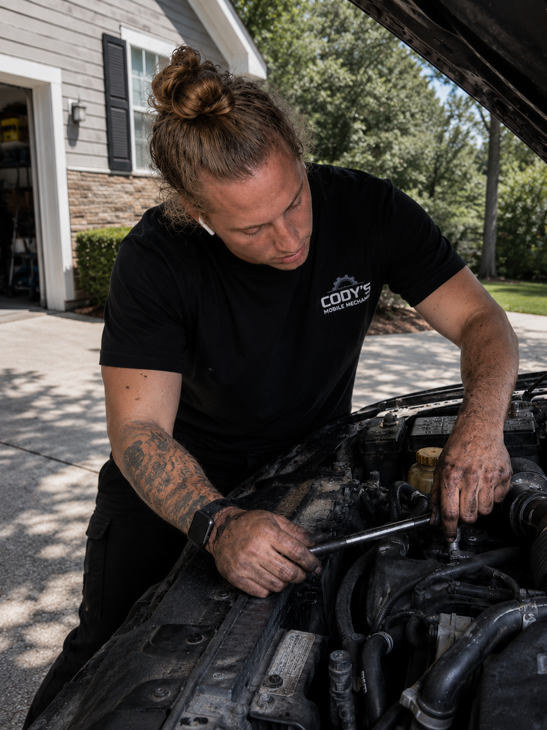 Cody of Cody's Mobile Mechanic standing beside a vehicle
